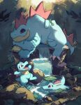  afloat arc_draws branch closed_eyes commentary crocodilian english_commentary feraligatr forest highres leaf lying moss nature no_humans on_stomach open_mouth outdoors pokemon pokemon_(creature) red_eyes sharp_teeth sleeping teeth totodile twitter_username water waterfall 