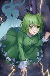  1girl absurdres black_headwear blush breasts dress electricity frilled_sleeves frills ghost_tail green_dress green_eyes green_hair hair_between_eyes hat highres koizumo long_sleeves medium_breasts open_mouth short_hair soga_no_tojiko solo tate_eboshi touhou 