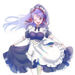  1girl ;d absurdres azusa_(azchemist63) dress facing_viewer fire_emblem fire_emblem:_genealogy_of_the_holy_war fire_emblem_heroes highres japanese_clothes long_hair looking_to_the_side maid maid_headdress miko official_alternate_costume one_eye_closed open_mouth ponytail puffy_short_sleeves puffy_sleeves purple_dress short_sleeves skirt_hold smile solo tailtiu_(fire_emblem) tailtiu_(tea_party)_(fire_emblem) violet_eyes white_background 