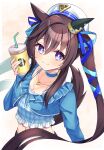  1girl :3 animal_ears aonu_koru blue_jacket blue_ribbon brown_hair casual commentary_request crop_top cup disposable_cup drinking_straw ear_covers hair_between_eyes hair_ribbon highres holding holding_cup horse_ears horse_girl jacket long_hair looking_at_viewer midriff mole mole_under_eye navel ribbon simple_background single_ear_cover solo twintails umamusume violet_eyes vivlos_(umamusume) white_background white_headwear 