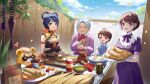  1boy 3girls absurdres artist_request blue_hair blue_sky braid brown_hair character_request child chinese_clothes dress fingerless_gloves flour food genshin_impact gloves guoba_(genshin_impact) hair_ornament highres holding holding_plate jar multiple_girls official_art old old_woman open_mouth plate purple_dress second-party_source short_hair sky smile spanish_text twin_braids violet_eyes xiangling_(genshin_impact) yellow_eyes 