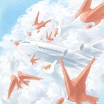  absurdres aircraft airplane artist_name blue_sky clouds cloudy_sky commentary_request day flying highres latias looking_to_the_side no_humans outdoors pokemon pokemon_(creature) sasabunecafe signature sky twitter_username yellow_eyes 