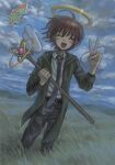  1boy angel_wings blue_necktie blue_sky denim grass green_jacket grey_pants halo highres holding holding_wand jacket jeans necktie on_grass open_mouth pants redhead sharp_teeth sky smile solo standing teeth upper_teeth_only v wand wings yuutsu_(umrs8555) 