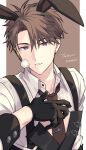  1boy animal_ears bishounen black_gloves brown_hair character_request copyright_request earpiece english_text gloves highres male_focus mole mole_under_mouth necktie open_mouth rabbit_ears red_necktie sekina_03 shirt short_hair solo suspenders upper_body violet_eyes white_shirt 