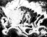 artist_logo artist_name battle breathing_lightning check_copyright claws copyright_request from_side giant giant_monster glowing godiva_ghoul godzilla godzilla_(series) greyscale hatching_(texture) kaijuu linear_hatching monochrome monster no_humans open_mouth overexposure scales sharp_teeth smoke spines standing tail teeth wide_shot worm 