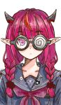  1girl braid coke-bottle_glasses collarbone demon_horns glasses hololive hololive_english horns irys_(gamer)_(hololive) irys_(hololive) light_frown long_hair looking_at_viewer mangotaingo pointy_ears red_eyes redhead school_uniform solo twin_braids virtual_youtuber 