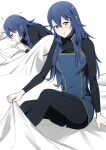  1girl ameno_(a_meno0) bed_sheet black_pants black_sweater blue_eyes blue_hair blush fire_emblem fire_emblem_awakening hair_between_eyes long_hair long_sleeves looking_at_viewer lucina_(fire_emblem) lying on_bed pants pillow ribbed_sweater sitting sleepy solo sweatdrop sweater turtleneck turtleneck_sweater white_background 