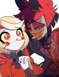  1boy 1girl alastor_(hazbin_hotel) azu_(kirara310) black_hair blonde_hair charlie_morningstar colored_sclera commentary_request evil_grin evil_smile grin hand_on_another&#039;s_shoulder hazbin_hotel highres long_hair multicolored_hair own_hands_together pale_skin red_eyes red_sclera sharp_teeth short_hair simple_background smile teeth upper_body yellow_sclera 