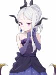  1girl black_horns blue_archive blush closed_mouth dangle_earrings demon_horns demon_wings dress earrings elbow_gloves gloves grey_hair highres hina_(blue_archive) hina_(dress)_(blue_archive) horns hoshiya_takahito jewelry long_hair multiple_horns necklace official_alternate_costume official_alternate_hairstyle purple_dress purple_gloves purple_wings simple_background solo strapless strapless_dress violet_eyes white_background wings 