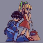  1boy 1girl android black_hair blonde_hair blue_eyes blunt_bangs broom dress green_ribbon grey_background hair_ribbon highres holding holding_broom laser-lance looking_at_viewer mega_man_(character) mega_man_(classic) mega_man_(series) on_one_knee red_dress red_footwear ribbon roll_(mega_man) short_hair short_ponytail 