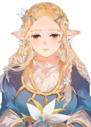  1girl blue_dress braid breasts brown_eyes closed_mouth crown_braid dress expressionless film_grain flower forehead gold_trim hair_flower hair_ornament holding holding_flower leaf lily_(flower) long_sleeves looking_at_viewer medium_breasts multiple_braids pointy_ears princess_zelda simple_background solo straight-on ten_1397xx the_legend_of_zelda the_legend_of_zelda:_tears_of_the_kingdom upper_body white_background white_flower 