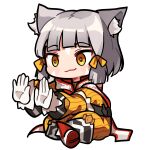  1girl animal_ear_fluff animal_ears blush_stickers chibi closed_mouth commentary_request facial_mark farrel_kb full_body gloves grey_hair hair_ribbon jumpsuit long_sleeves nia_(xenoblade) puffy_long_sleeves puffy_sleeves ribbon shoe_soles sitting smile solo transparent_background white_gloves xenoblade_chronicles_(series) xenoblade_chronicles_2 yellow_jumpsuit yellow_ribbon 