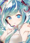  1girl absurdres aqua_hair arm_tattoo blue_eyes blurry drawing_kanon glitch grey_background hatsune_miku headset highres long_hair looking_at_viewer open_mouth simple_background solo tattoo twintails vocaloid 