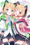  2girls absurdres animal_ear_headphones animal_ears anniversary black_skirt black_thighhighs blonde_hair blue_archive blush bow cat_tail collared_shirt fake_animal_ears green_bow green_eyes green_halo hair_bow halo headphones heart highres long_sleeves looking_at_viewer midori_(blue_archive) mikumiku37 momoi_(blue_archive) multiple_girls one_eye_closed open_mouth pink_halo pleated_skirt red_bow red_eyes revision shirt short_hair siblings sisters skirt smile tail thigh-highs twins white_shirt 