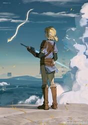  1boy 2023 akihare belt black_gloves blonde_hair blue_shirt boots brown_belt brown_footwear clouds dragon dust_cloud earrings elbow_gloves facing_away full_body gloves gradient_sky highres holding holding_sword holding_weapon jewelry link male_focus medium_hair mountainous_horizon pants pointy_ears profile shadow shirt short_ponytail short_sleeves sky solo standing sword the_legend_of_zelda the_legend_of_zelda:_tears_of_the_kingdom twitter_username weapon weibo_logo weibo_username white_pants 