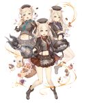  3girls animal_ears ankle_boots blonde_hair blue_little_pig_(sinoalice) boots cake cake_slice candy checkerboard_cookie chef_hat chocolate cookie cream_puff cup cupcake doughnut food green_little_pig_(sinoalice) hat holding holding_cup holding_food holding_saucer macaron midriff multiple_girls official_art orangette pig_ears pig_girl red_little_pig_(sinoalice) saucer siblings sinoalice sisters teacup thumbprint_cookie wrapped_candy 