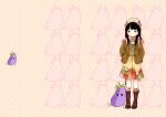  1girl anneko_anko black_hair blush bow brown_footwear brown_jacket dress eggplant flower food_print frown hands_in_pockets hat hat_bow hat_flower jacket jewelry knit_hat long_hair necklace original parted_bangs print_scarf scarf solo standing strawberry_print 