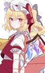  1girl ascot blonde_hair blush bow crystal embodiment_of_scarlet_devil flandre_scarlet hat hat_ribbon highres looking_at_viewer mob_cap puffy_short_sleeves puffy_sleeves red_eyes ribbon short_hair short_sleeves side_ponytail sketch solo touhou usushio wings 