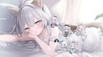  1girl action_figure animal_ears bed_sheet cat_ears closed_mouth commission cupboard curtains dress grey_hair kurage_cc leaf long_sleeves makeup original pillow rouge_(makeup) skeb_commission sleeveless smile sunlight white_background white_dress 