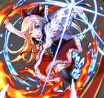  1girl arietta_towa blonde_hair blue_eyes breasts fire fujimon grey_background hair_ornament long_hair magic mahou_tsukai_to_kuroneko_no_wiz neck_ribbon one_eye_closed open_mouth ribbon simple_background skirt smile solo thigh-highs 