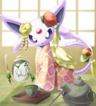  artist_name back_bow blurry bow bright_pupils chagama_(pot) clothed_pokemon commentary_request cup espeon flower forehead_jewel green_tea hair_flower hair_ornament highres hishaku holding japanese_clothes kanzashi kimono long_sleeves looking_at_viewer no_humans obi obiage obijime open_mouth pink_kimono pokemon pokemon_(creature) poltchageist print_kimono red_flower sasabunecafe sash shouji signature sliding_doors smile tail tail_ornament tassel tatami tea twitter_username violet_eyes white_pupils wide_sleeves yellow_bow yellow_sash 