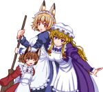  3girls :o ;d alternate_costume animal_ears apron blonde_hair bow breasts broom brown_eyes brown_hair cat_ears chen closed_mouth commentary_request enmaided fang hair_bow hair_ribbon hat holding holding_broom juliet_sleeves large_breasts long_hair long_sleeves looking_at_viewer lowres maid maid_headdress mob_cap multiple_girls no_headwear one_eye_closed open_mouth orange_eyes petite pixel_art puffy_sleeves red_bow ribbon short_hair size_difference skin_fang smile surprised touhou transparent_background tress_ribbon unk_kyouso violet_eyes white_headwear yakumo_ran yakumo_yukari 