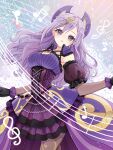 1girl absurdres black_gloves blush detached_sleeves dress duel_monster frilled_dress frilled_gloves frills gloves hair_ornament highres long_hair merrybear musical_note musical_note_hair_ornament open_mouth pantyhose purple_dress purple_hair short_sleeves solo solsolfachord_gracia treble_clef violet_eyes yu-gi-oh!