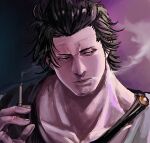  1boy black_capelet black_clover black_hair brown_eyes capelet cigarette facial_hair highres holding holding_cigarette male_focus mature_male muscular muscular_male short_hair smoke smoking solo sosuke_ppp stubble tank_top white_tank_top yami_sukehiro 