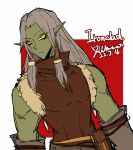 artist_name character_name colored_skin dated ear_piercing green_skin grey_hair hair_tubes long_hair male_focus piercing pointy_ears pouch slay_the_spire solo the_ironclad toned toned_male upper_body whitose yellow_eyes 
