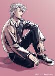  1boy amaguni_hitoya black_pants chain dated grey_hair grey_jacket hypnosis_mic jacket knee_up long_sleeves pants pompadour shadow shoes shunkashuntou simple_background sitting solo twitter_username watch watch 