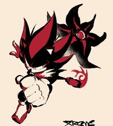  2boys alien black_doom black_fur clenched_hand gloves hedgehog hedgehog_ears highres looking_at_another male_focus multiple_boys no_humans one-eyed shadow_the_hedgehog shoes signature sonic_(series) white_background white_gloves xtremexavier 