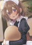  1girl blurry blurry_background blush brown_hair collared_dress dress fang frown highres holding holding_tray juliet_sleeves light_particles long_sleeves looking_at_viewer maid maid_headdress naname_(7name) open_mouth original puffy_sleeves short_hair skin_fang solo sweat thick_eyebrows tray upper_body violet_eyes 