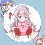 brother_and_sister circlet dress fire_emblem fire_emblem:_genealogy_of_the_holy_war highres holding julia_(fire_emblem) kirby kirby_(series) long_hair looking_at_another poaa_20 purple_hair red_eyes seliph_(fire_emblem) siblings simple_background smile violet_eyes