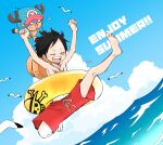  2boys arms_up bird black_hair blank_eyes blue_sky closed_eyes clouds day full_body hat hat_on_back highres inflatable_toy jumping male_focus monkey_d._luffy multiple_boys nervous_sweating ocean one_piece outdoors pokesumomo red_swim_trunks scar scar_on_cheek scar_on_face seagull short_hair sky smile straw_hat sweat sweatdrop tony_tony_chopper topless_male 