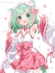  1girl :d absurdres adapted_uniform animal_ear_fluff animal_ears armpits artist_name cat_ears cat_girl cat_tail cherry_blossoms clenched_hand cowboy_shot detached_sleeves dot_nose fang floral_print flower green_eyes green_hair green_nails hair_flower hair_ornament hairclip hands_up hazakura_hinata highres japanese_clothes looking_at_viewer medium_hair miko nail_polish open_mouth original paw_pose pink_skirt polka_dot ribbon-trimmed_sleeves ribbon_trim simple_background skin_fang skirt smile solo tail thigh-highs variant_set white_background white_thighhighs wide_sleeves 