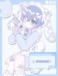  1boy alternate_costume animal_ears apron back_bow bandaid bandaid_on_knee bandaid_on_leg bishounen blue_background blue_border blue_bow blue_eyes blue_hair blue_theme blue_track_suit blush_stickers border bow ciel_phantomhive closed_mouth error_message eyepatch fake_animal_ears gun heart heart_eyepatch highres holding holding_weapon icon_(computing) jacket kodona kuroshitsuji lolita_fashion looking_at_viewer mahouxoxu maid_apron maid_headdress outline pastel_colors rabbit_ears revolver short_hair sidelocks smile socks solo tile_background track_jacket weapon white_apron white_bow white_outline white_socks window_(computing) wing_hair_ornament zipper 