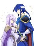  1boy 1girl bare_shoulders blue_cape blue_eyes blue_hair brother_and_sister cape circlet dress fire_emblem fire_emblem:_genealogy_of_the_holy_war headband julia_(fire_emblem) long_hair ponytail purple_cape purple_hair sash seliph_(fire_emblem) siblings simple_background tyrfing_(fire_emblem) violet_eyes white_headband wide_sleeves yukia_(firstaid0) 