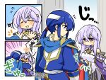  1boy 1girl blue_cape blue_eyes blue_hair blush brother_and_sister cape circlet fire_emblem fire_emblem:_genealogy_of_the_holy_war flustered headband holding holding_cape holding_clothes hug implied_incest julia_(fire_emblem) long_hair open_mouth ponytail purple_hair seliph_(fire_emblem) siblings violet_eyes white_headband yukia_(firstaid0) 