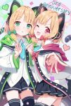  2girls absurdres animal_ear_headphones animal_ears anniversary black_skirt black_thighhighs blonde_hair blue_archive blush bow cat_tail collared_shirt fake_animal_ears green_bow green_eyes green_halo hair_bow halo headphones heart highres long_sleeves looking_at_viewer midori_(blue_archive) mikumiku37 momoi_(blue_archive) multiple_girls one_eye_closed open_mouth pink_halo pleated_skirt red_bow red_eyes shirt short_hair siblings sisters skirt smile tail thigh-highs twins white_shirt 