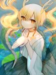  1girl antlers blonde_hair blue_shirt breathing_fire choker commentary dragon_girl dragon_horns dragon_tail earrings fire highres horns jewelry kicchou_yachie looking_at_viewer lotus_leaf orange_eyes pleated_skirt shirt short_hair skirt solo tail tassel tassel_earrings touhou turtle_shell water wide_sleeves yellow_horns yuejinlin 