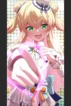  1girl :d against_fourth_wall blonde_hair blush bow bow_skirt bowtie commentary_request double_bun fang gradient_hair green_eyes hair_between_eyes hair_bun highres holding holding_microphone hololive hololive_idol_uniform_(bright) jacket layered_skirt long_hair looking_at_viewer microphone momosuzu_nene multicolored_hair official_alternate_costume overskirt pillarboxed pink_hair pointing pointing_at_viewer puffy_short_sleeves puffy_sleeves sash short_sleeved_jacket short_sleeves skin_fang skirt smile solo suicabar72 sweat two_side_up virtual_youtuber waist_bow white_jacket 