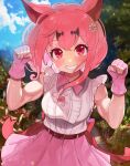  1girl animal_ears breasts fingerless_gloves gloves grin highres kedama_(ughugjydthjdf) large_breasts long_hair looking_at_viewer muscular muscular_female original pink_eyes pink_gloves pink_hair pink_nails pink_skirt pleated_skirt skirt smile teeth 