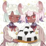  2girls animal_ears apron blush closed_mouth collared_dress daikokuten_(fate) dark-skinned_female dark_skin dress fate/grand_order fate_(series) food grey_dress hairband half-closed_eyes highres holding holding_tray lolita_hairband looking_at_viewer mouse_ears mouse_girl mouse_tail multiple_girls neck_ribbon onigiri open_mouth pink_hair red_eyes red_ribbon ribbon shiraisado_cochi short_hair simple_background smile tail tray twintails upper_body white_apron white_background white_hair 