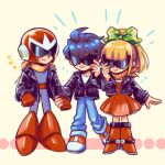  1girl 2boys black_hair black_jacket blonde_hair blunt_bangs boots bow closed_mouth dress flying_sweatdrops green_bow hair_bow highres jacket laser-lance looking_at_another mega_man_(character) mega_man_(classic) mega_man_(series) multiple_boys polka_dot polka_dot_bow proto_man red_dress red_footwear roll_(mega_man) short_hair short_ponytail smile sunglasses 