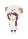 1girl animal_costume animal_hood black_hair blush chibi closed_mouth fate/kaleid_liner_prisma_illya fate_(series) full_body hair_between_eyes hood hood_up hoodie horns long_sleeves miyu_edelfelt official_art sheep_hood simple_background solo standing white_background white_hoodie yellow_eyes