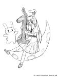  1girl animal_ears artist_name commentary crescent_moon dated english_commentary flying_sweatdrops greyscale highres holding kometaro light_blush long_hair mascot monochrome moon necktie open_mouth pleated_skirt rabbit rabbit_ears reisen_udongein_inaba shoes short_sleeves skirt smile socks solo touhou very_long_hair white_background 