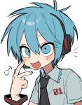  1boy aqua_eyes aqua_hair aqua_nails black_necktie blush fang genderswap genderswap_(ftm) grey_shirt hatsune_mikuo headphones male_focus mars_symbol milk_(milk319319) necktie shirt short_hair simple_background solo upturned_eyes vocaloid white_background 