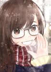  1girl :d absurdres blue_jacket blurry blurry_background brown-framed_eyewear brown_hair commentary_request day glasses highres jacket kyabetsu_ningen lips long_hair long_sleeves looking_at_viewer mole open_mouth original outdoors portrait red_scarf scarf sleeves_past_wrists smile solo striped_clothes striped_scarf sweater teeth winter_clothes yellow_sweater 