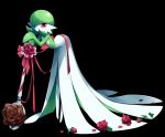  1girl :o absurdres bent_over black_background colored_skin dress flower gardevoir green_hair green_skin highres holding holding_flower holding_spoon medium_hair ms_misubaru_mk2 pink_eyes pokemon red_flower simple_background solo spoon standing white_dress white_skin 