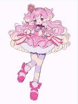  1girl :3 blonde_hair bow bowtie brooch clenched_hands crown cure_wonderful curly_hair dress dress_bow earrings film_grain hands_up heart heart_brooch highres inukai_komugi jewelry long_hair looking_at_viewer magical_girl multicolored_hair no_nose open_mouth pink_background pink_dress pink_eyes pink_footwear pink_hair precure purple_thighhighs short_dress simple_background solo standing standing_on_one_leg striped_clothes striped_thighhighs thigh-highs two-tone_hair two-tone_thighhighs two_side_up upa_papa_co wonderful_precure! wrist_cuffs yellow_thighhighs 